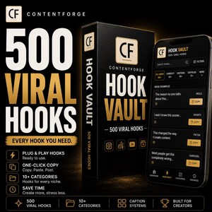 Może przedstawiać: Czarne pudełko z napisem ContentForge Hook Vault ze złotym tekstem, obok smartfona wyświetlającego cyfrowy interfejs 500 wiralowych haczyk&oacute;w. Ekran pokazuje kategorie, przyciski kopiowania oraz ikony medi&oacute;w społecznościowych.