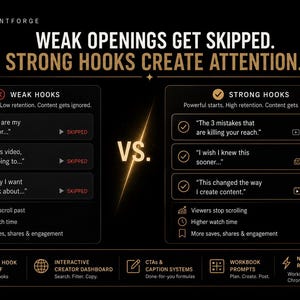 Może przedstawiać: Czarna infografika z tytułem WEAK OPENINGS GET SKIPPED. STRONG HOOKS CREATE ATTENTION. Por&oacute;wnuje słabe haki z czerwonymi ikonami X z silnymi hakami z zielonymi znacznikami, wymieniając przykłady takie jak The 3 mistakes that are killing your reach.