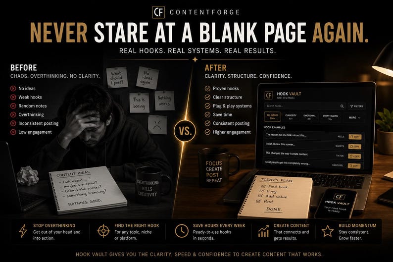 Może przedstawiać: Grafika por&oacute;wnawcza zatytułowana NEVER STARE AT A BLANK PAGE AGAIN. Po lewej stronie widać osobę zmagającą się z notatkami oraz tekst BEFORE CHAOS. OVERTHINKING. NO CLARITY. Po prawej stronie znajduje się laptop z HOOK VAULT oraz tekst AFTER CLARITY. STRUCTURE. CONFIDENCE. i lista kontrolna.