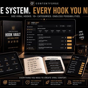 Może przedstawiać: Zestaw produkt&oacute;w do marketingu cyfrowego o nazwie ContentForge Hook Vault, zawierający laptopa, tablet i smartfon z interfejsami oprogramowania, fizyczny notatnik z planem treści oraz czarny kubek na ciemnym tle.