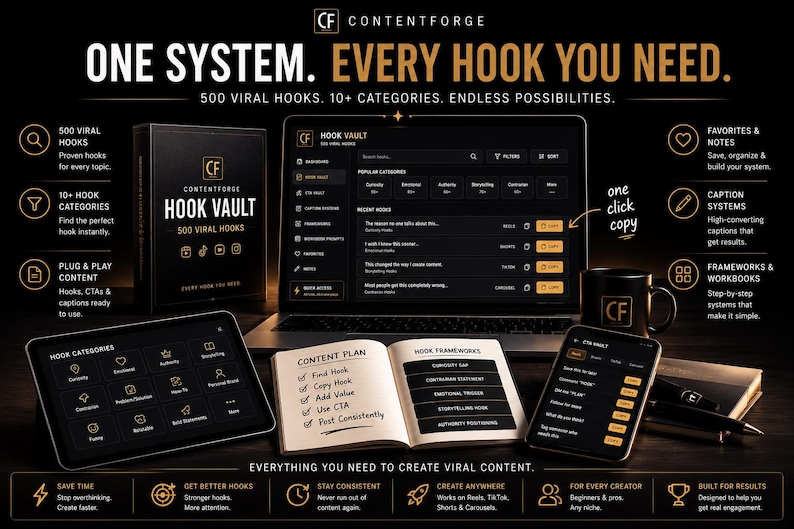 Może przedstawiać: Zestaw produkt&oacute;w do marketingu cyfrowego o nazwie ContentForge Hook Vault, zawierający laptopa, tablet i smartfon z interfejsami oprogramowania, fizyczny notatnik z planem treści oraz czarny kubek na ciemnym tle.