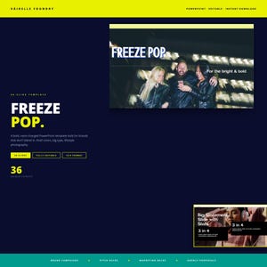 May include: A dark blue PowerPoint template with yellow accents. The title "FREEZE POP" is displayed in white. The template includes a photo of three people and the text "For the bright & bold."