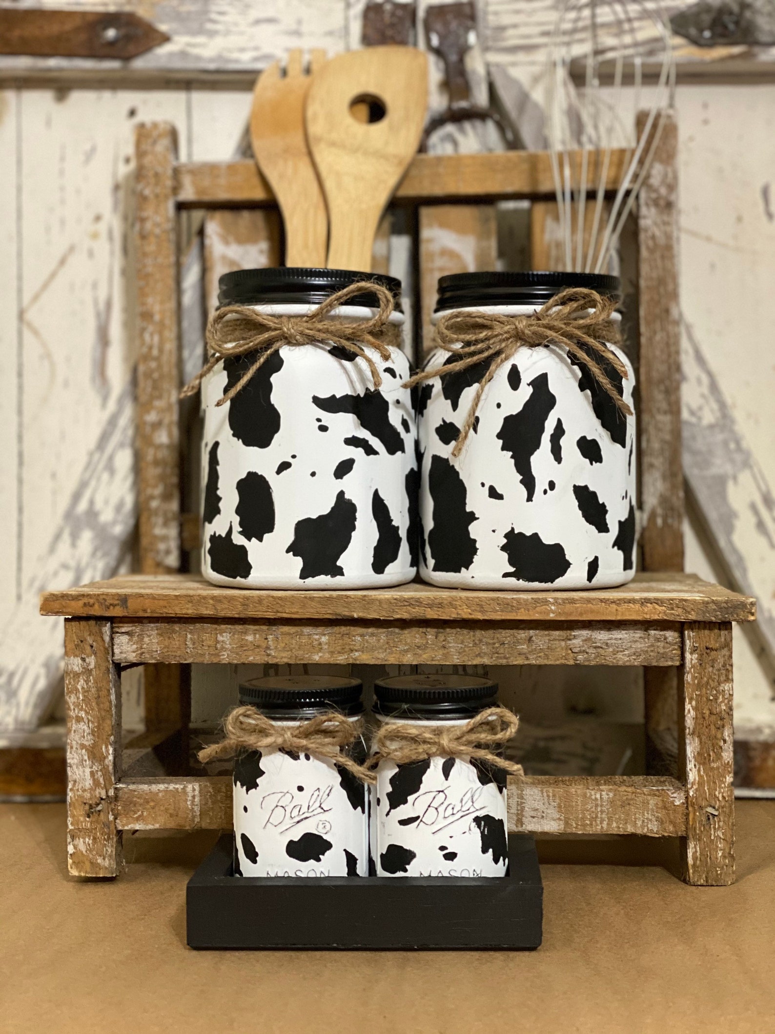 Mason Jar Cow Print Kitchen Set Cow Theme Decor Kitchen Etsy
