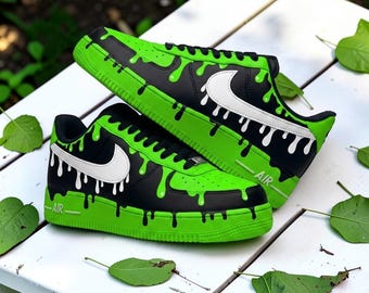 Custom Black Green Air Force 1 Sneakers, Hand Painted Green Drip AF1 Shoes, Streetwear Drip Sneakers, Personalized AF1 Sneakers