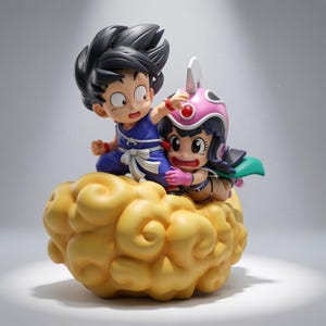 May include: A stylized figurine featuring two cartoon characters riding a large, textured yellow cloud. One character has spiky black hair and a blue outfit, while the other wears a pink helmet with a white crest and a green cape.