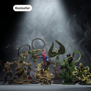 May include: A collection of superhero figurines, including Spider-Man and various villains, set against a smoky backdrop. The figures are detailed and colorful, showcasing dynamic poses and action-oriented designs. The word "Bestseller" is in the top left corner.