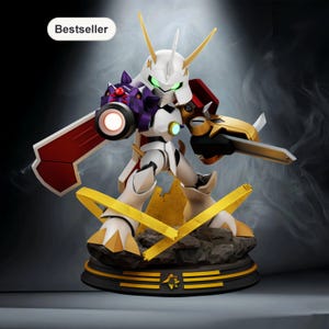 Puede incluir: Figura de acción de un guerrero robot blanco, dorado y rojo, con espada y escudo. La figura tiene un diseño detallado con una base negra y detalles amarillos. La palabra "Bestseller" está en un óvalo blanco en la esquina superior izquierda.
