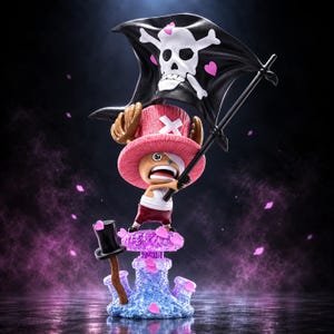 Könnte beinhalten: Eine Sammlerfigur eines beigen, rentierartigen Charakters mit einem großen rosa Hut und einem weißen Kreuz. Die Figur hält eine schwarze Flagge mit weißem Totenkopf, gekreuzten Knochen und rosa Herzen und steht auf einem strukturierten, blauen Sockel.