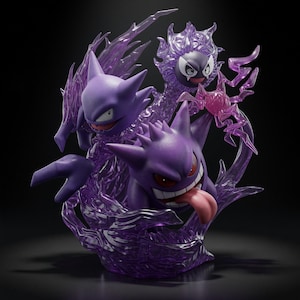 Puede incluir: Una figura morada de Gengar con ojos rojos y lengua rosa, acompañada de un Haunter y un Gastly morados más pequeños, todo rodeado de efectos de energía morados translúcidos que se arremolinan alrededor de la base en una forma dinámica.