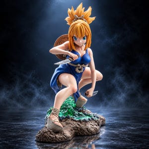 May include: A dynamic anime-style figurine of a character with spiky blonde hair, wearing a blue sleeveless dress cinched with a rope belt. The figure holds two small knives, stands on a textured brown base with green accents, and wears rope-tied sandals.