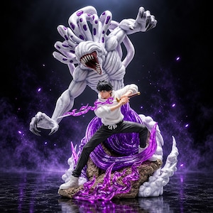 May include: A detailed anime-style figurine featuring a character in a white hoodie and black pants holding a sword with purple energy effects. Behind the character stands a large, white, multi-limbed creature with purple spots and sharp teeth.