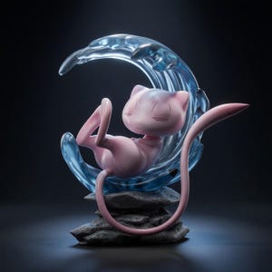 Puede incluir: Una criatura de color rosa claro con una cola larga, ojos cerrados y orejas pequeñas, descansando en posición encogida. Se sitúa frente a una estructura azul translúcida en forma de ola, montada sobre una base de rocas grises texturizadas.