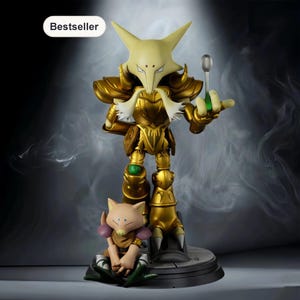 May include: A gold-coloured action figure of a character with a spoon, wearing armour, and a smaller figure sitting at its feet. The figures are on a circular base. The word "Bestseller" is in a white oval in the upper left corner.