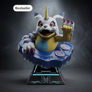 May include: A detailed figurine of a cartoon character with white, yellow, and blue coloring. The character has a horn, red eyes, and sharp claws. It is mounted on a blue and black base with the word "Bestseller" in a white oval.