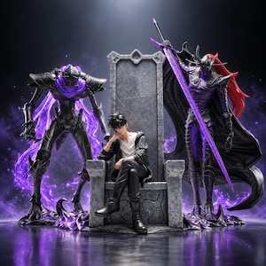 May include: A collectible figure set featuring a central male character sitting on a stone throne, flanked by two armored figures. One armored figure has purple energy effects, while the other holds a large purple sword and has long red hair.