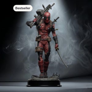 May include: A detailed figurine of Deadpool, a Marvel Comics character, in a dynamic pose. The figure is predominantly red and black, holding a large weapon over his shoulder and a katana. The base is black, and the background is a smoky gray.