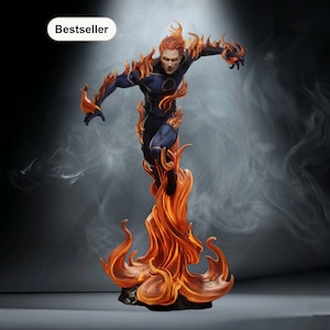May include: A figurine of a superhero wreathed in flames. The figure is in a dynamic pose, with arms outstretched and flames emanating from the body. The figure is wearing a dark blue suit with orange flames. The word "Bestseller" is in a white box.