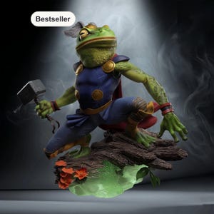 Puede incluir: Una figura de rana verde con un disfraz de superhéroe, sosteniendo un martillo. La rana está posada sobre un tronco con detalles en naranja y verde. La figura lleva un atuendo azul y dorado con una capa roja. La palabra "Bestseller" está en un óvalo blanco en la esquina superior izquierda.