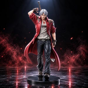 May include: A detailed figurine of a silver-haired character wearing a long red coat over a light gray shirt and dark pants. The figure features fingerless gloves, a red pendant necklace, and a large sword strapped to the back, standing on a base.