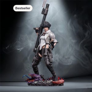 May include: A detailed figurine of a female character from a video game, holding a large weapon and a pistol. The figure is dressed in a white jacket, black shorts, and tactical gear. The base features a monster with a long tongue. The word "Bestseller" is in the top left corner.