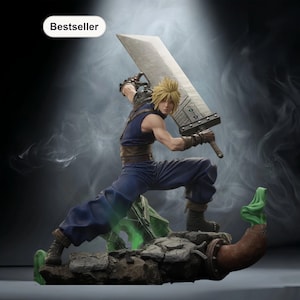 May include: A figurine of a character from Final Fantasy, posed in a dynamic action stance, wielding a large sword. The figure is dressed in a blue outfit with blonde hair. The base features green and brown elements, with a "Bestseller" label.