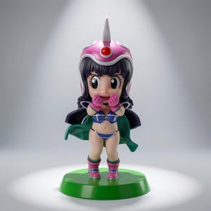May include: A stylized anime-inspired figurine featuring a character with dark hair wearing a pink helmet with a central spike and red gem. The figure wears a blue and silver bikini-style outfit, pink gloves, pink boots, and a green cape, standing on a green base.
