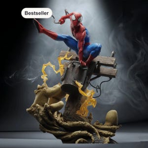 May include: A detailed figurine of Spider-Man in a dynamic pose, wearing his signature red and blue suit. The figure is perched on a detailed, weathered structure with yellow lightning effects. The base is textured with a naturalistic, earthy design.