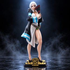 May include: A standing anime-style figurine of a character with white hair, wearing a white dress and a black coat with blue stripes. The character holds a black and red folding fan. The base is black and gold with the text FIRE FORCE 5 TOKYO.
