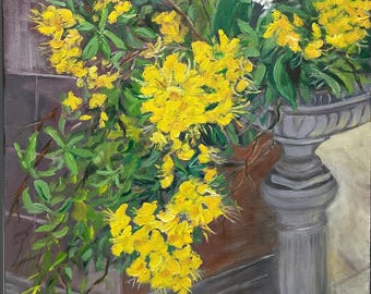 Frühling Urne originales Ölgemälde von lebendigen gelben Blumen in einer neutralen Urne