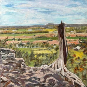 Puede incluir: Una pintura al óleo que representa una vista paisajística desde un acantilado rocoso, con un tocón de árbol oscuro y desgastado en primer plano. El fondo muestra un valle extenso con campos verdes, árboles y un horizonte lejano bajo un cielo azul.