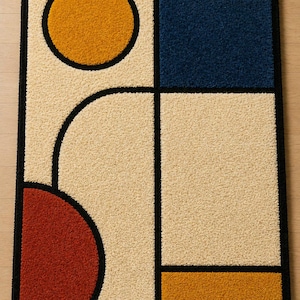 May include: A rectangular area rug featuring a tufted texture with a geometric pattern. The design consists of a cream background divided by thick black lines, incorporating a mustard yellow circle, a deep blue square, a red semicircle, and a gold rectangle.