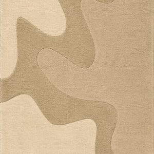 May include: A rectangular area rug featuring a two-tone design with a soft cream background and a contrasting wavy, organic shape in a warm beige color. The surface has a uniform, dense pile texture that creates a smooth and consistent appearance.