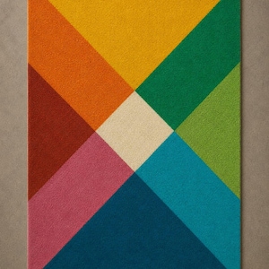 May include: A rectangular area rug featuring a geometric pattern of large triangles in vibrant colors including yellow, orange, dark red, pink, dark blue, teal, lime green, and forest green, centered around a small cream-colored diamond shape.
