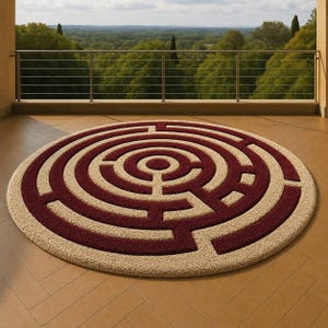 May include: A circular area rug featuring a high-contrast labyrinth pattern in deep burgundy and beige. The rug has a thick, textured pile construction with a concentric maze design that radiates from a central circle toward the outer edge.