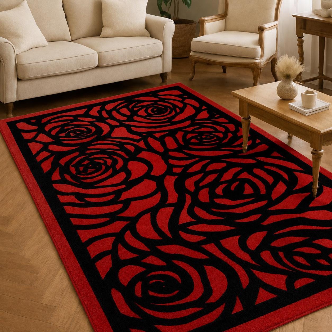 Luxury Red & Black Rose Pattern Area Rug for Living Room | Modern ...