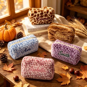 Custom Name Plush Cosmetic Pouch, Fluffy Leopard Print Makeup Bag, Personalized Fall Travel Toiletry Bag, Autumn Birthday Gift for Women