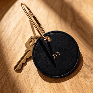 Può includere: Un portachiavi in pelle nera con le lettere "TO" in oro, attaccato a un moschettone color oro. Una chiave dorata è accanto al portachiavi. Il portachiavi e il moschettone sono su una superficie di legno.