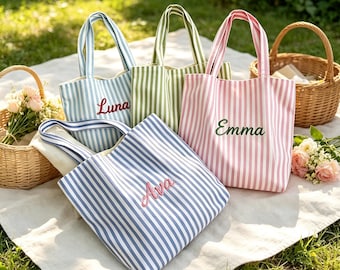 Bolso de mano de lona a rayas personalizado: bolso con nombre bordado a medida, accesorio para picnics al aire libre, regalo práctico para la vuelta al cole para mujeres.