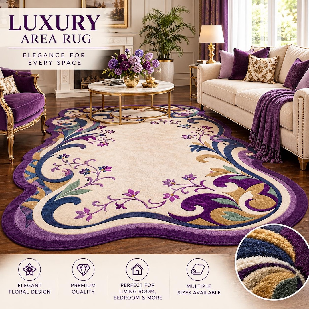 Hand Tufted Wool Rug Luxury Purple Floral Scroll Area Rug, Ornamental ...