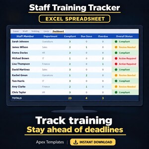 Staff Training Tracker | Employee Training Log & Certification Tracking | Excel Compliance Dashboard