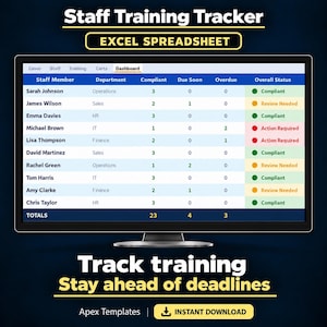 Mitarbeiterschulungs-Tracker | Schulungsprotokoll und Zertifizierungsverwaltung für Mitarbeiter | Excel-Compliance-Dashboard