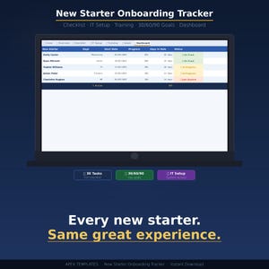New Starter Onboarding Tracker | HR Checklist, IT Setup, 30/60/90 Goals (Excel)