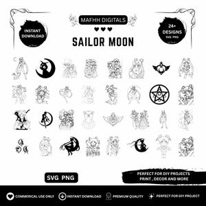 Peut inclure: Ensemble de motifs numériques en noir et blanc de Sailor Moon, disponibles en formats SVG et PNG. Le texte "Sailor Moon", "Téléchargement instantané" et "Parfait pour les projets DIY" est inclus.