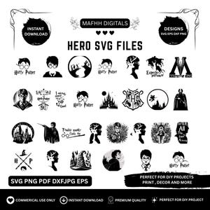 Könnte beinhalten: Eine Sammlung von schwarz-weißen digitalen Grafikdesigns mit Illustrationen zum Thema Harry Potter, darunter Charaktersilhouetten, Schlösser, Zauberstäbe und Textelemente wie Harry Potter, Ministry of Magic und Expecto Patronum.