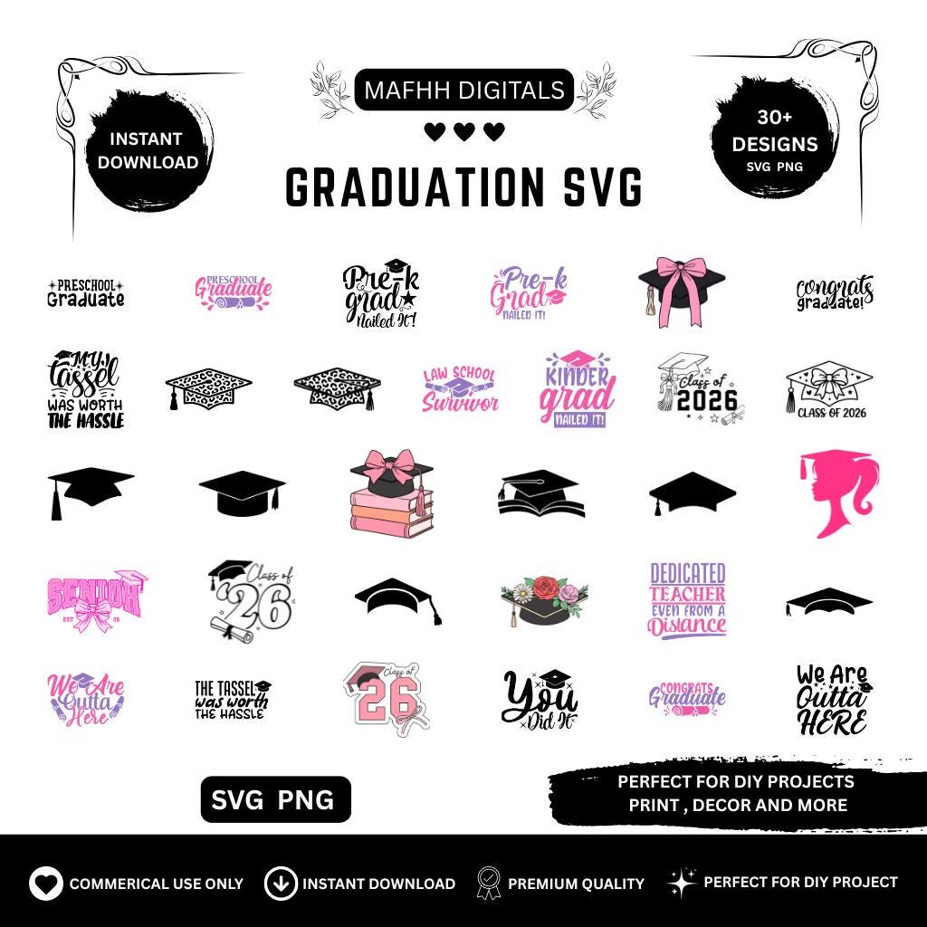 Graduation Cap SVG Bundle | Class of 2026 PNG Files (digital Download ...