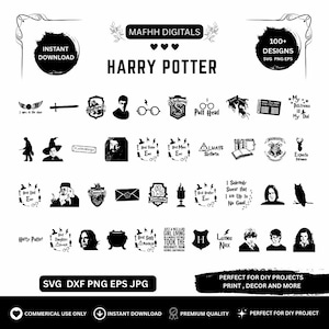 Könnte beinhalten: Schwarz-weiße digitale Designs mit Harry-Potter-Motiven und Text. Enthält Silhouetten von Charakteren, Symbolen und Zitaten. Text beinhaltet "Harry Potter", "Sofort-Download" und "Perfekt für DIY-Projekte".
