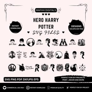 Op de afbeelding: Een verzameling zwart-witte Harry Potter SVG-bestanden. De afbeelding bevat verschillende ontwerpen met Harry Potter, het Hogwarts-wapen en andere iconische elementen. Tekst omvat "Hero Harry Potter SVG Files" en "Instant Download."