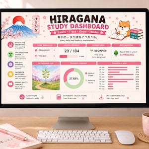 Japanese Hiragana Tracker | Google Sheets Study Dashboard | Progress Tracker | Mini Quiz | Digital Download