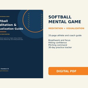Op de afbeelding: Een digitale PDF-gids getiteld Softball Meditation & Visualization Guide, Athlete & Coach Edition door James R. Chambers III. De donkerblauwe omslag bevat een oranje softbalafbeelding. Het bevat een gids van 33 pagina's voor atleten en coaches over ademhaling, focus, slagvertrouwen, werpcontrole en een 30-daagse oefentracker.