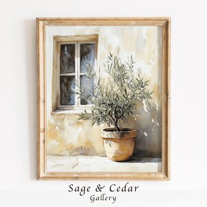 Könnte beinhalten: Ein gerahmter Kunstdruck mit einem Aquarellgemälde eines Olivenbaums im Topf neben einem Fenster an einer strukturierten beigen Wand. Das Kunstwerk befindet sich in einem hellen Holzrahmen mit dem Text Sage & Cedar Gallery darunter.